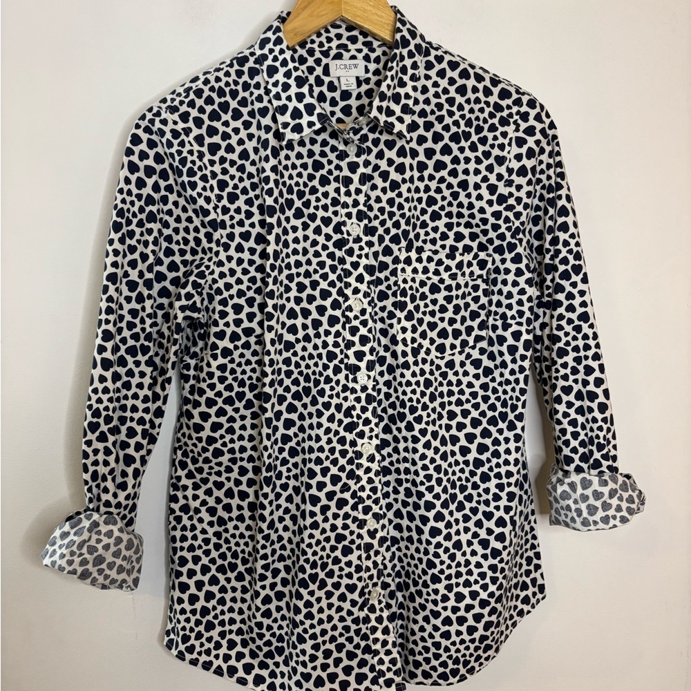 J. Crew Navy and White Heart Print Button Down Shirt